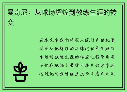 曼奇尼：从球场辉煌到教练生涯的转变